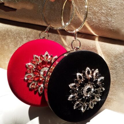 LOLIBOX-Bolsos de mano de noche para mujer, carteras con anillo de diamante de terciopelo, bolso de mano redondo pequeño, bolsos de mano para fiesta de día