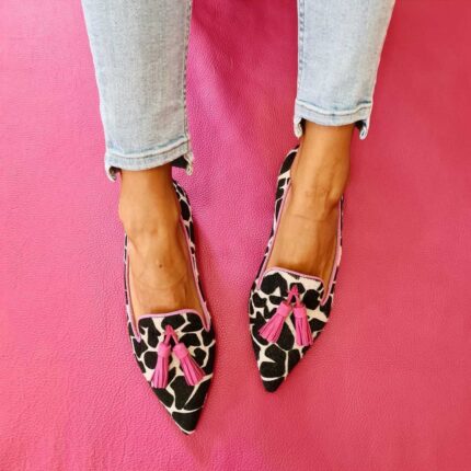 Zapatos de tacón informales con borlas y estampado de vacas para mujer