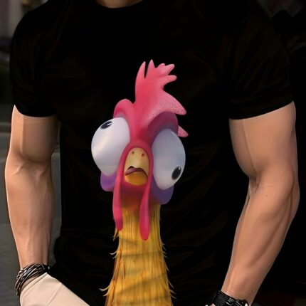 Camiseta divertida con estampado de gallo para hombre, cuello redondo informal, poliéster, tejido de punto elástico, estampado animal novedoso, estilo ajustado, ropa novedosa