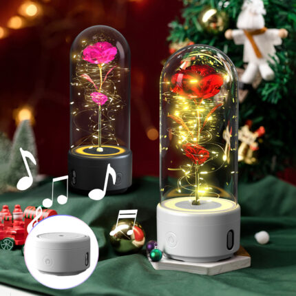 Luz LED creativa 2 en 1 con flores rosas y altavoz compatible con Bluetooth, regalo de San Valentín, adorno de luz nocturna luminosa rosa en cubierta de vidrio