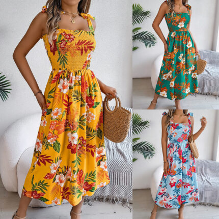 Vestido con corsé con tirantes y estampado de flores para mujer, vestidos largos de playa para vacaciones a la moda, ropa de verano